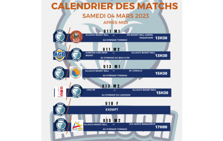 CALENDRIER DES MATCHS DU WEEK-END 4 &amp; 5 MARS 2023