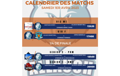 CALENDRIER DES MATCHS DU WEEK END 1er &amp; 2 AVRIL 2023